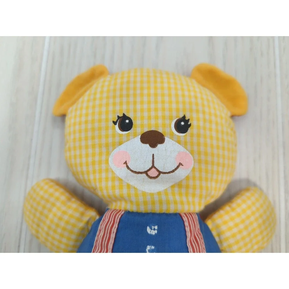 Knickerbocker yellow checked teddy bear vintage‎ plush rattle red blue overalls